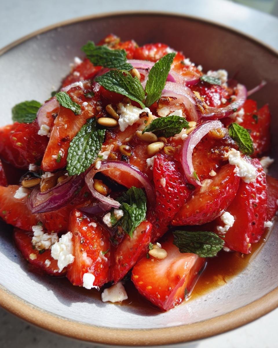 Nahaufnahme eines erfrischenden Erdbeer-Feta-Salats mit Minze, roten Zwiebeln und Pinienkernen.