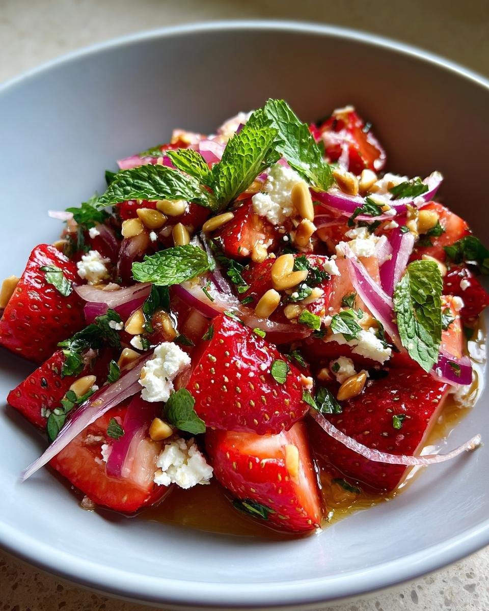 Nahaufnahme eines erfrischenden Erdbeer-Feta-Salats mit roten Zwiebeln, Pinienkernen und Minze.