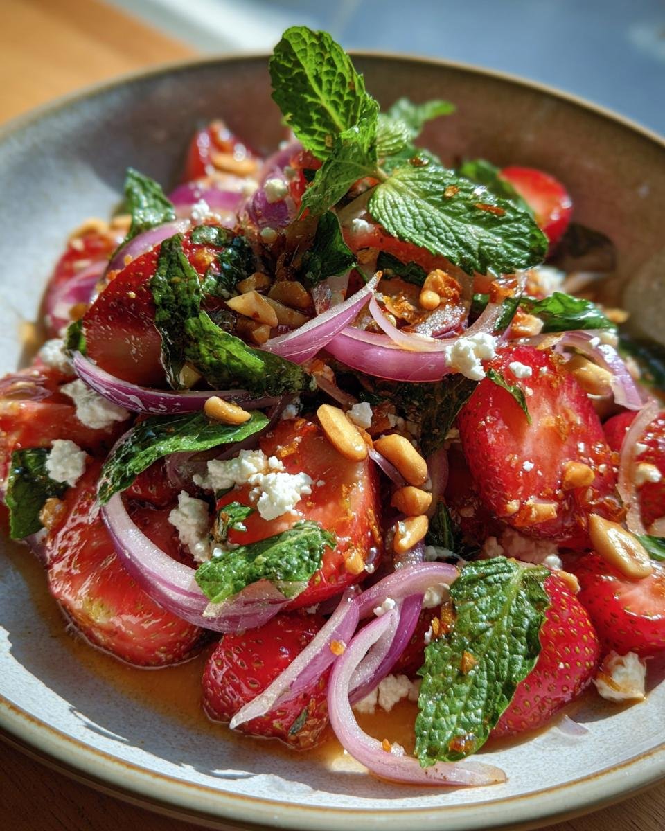 Nahaufnahme eines erfrischenden Erdbeer-Feta-Salats mit roten Zwiebeln, Minze und N&uuml;ssen.