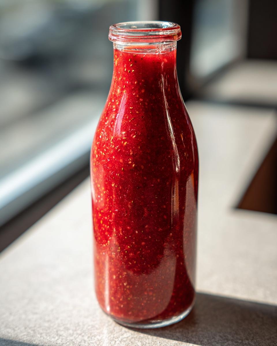 Glasflasche gefüllt mit leuchtend roter Erdbeer-Vinaigrette, bereit für Salate.