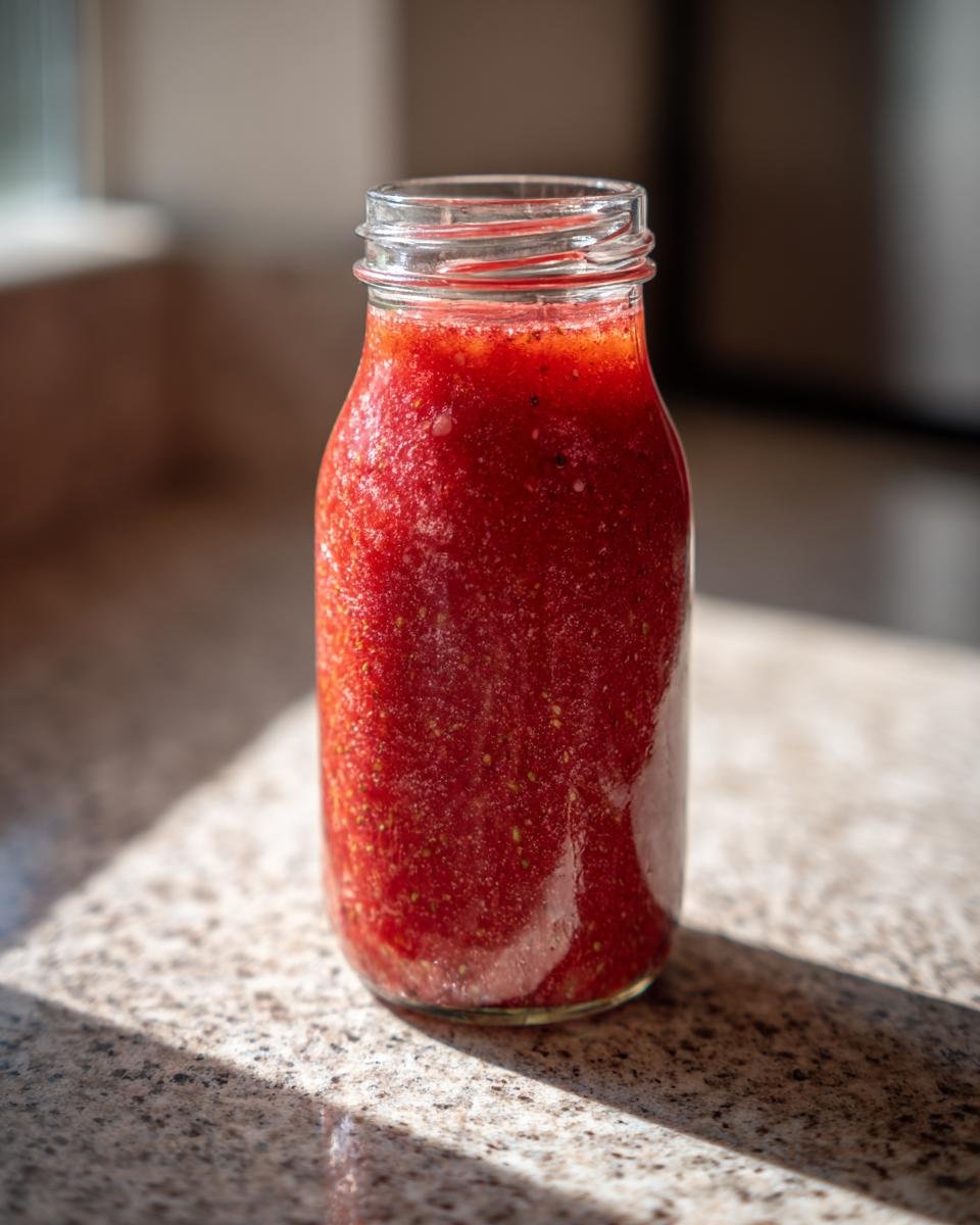 Eine Flasche mit selbstgemachter Erdbeer-Vinaigrette, die auf einer Steinplatte steht.