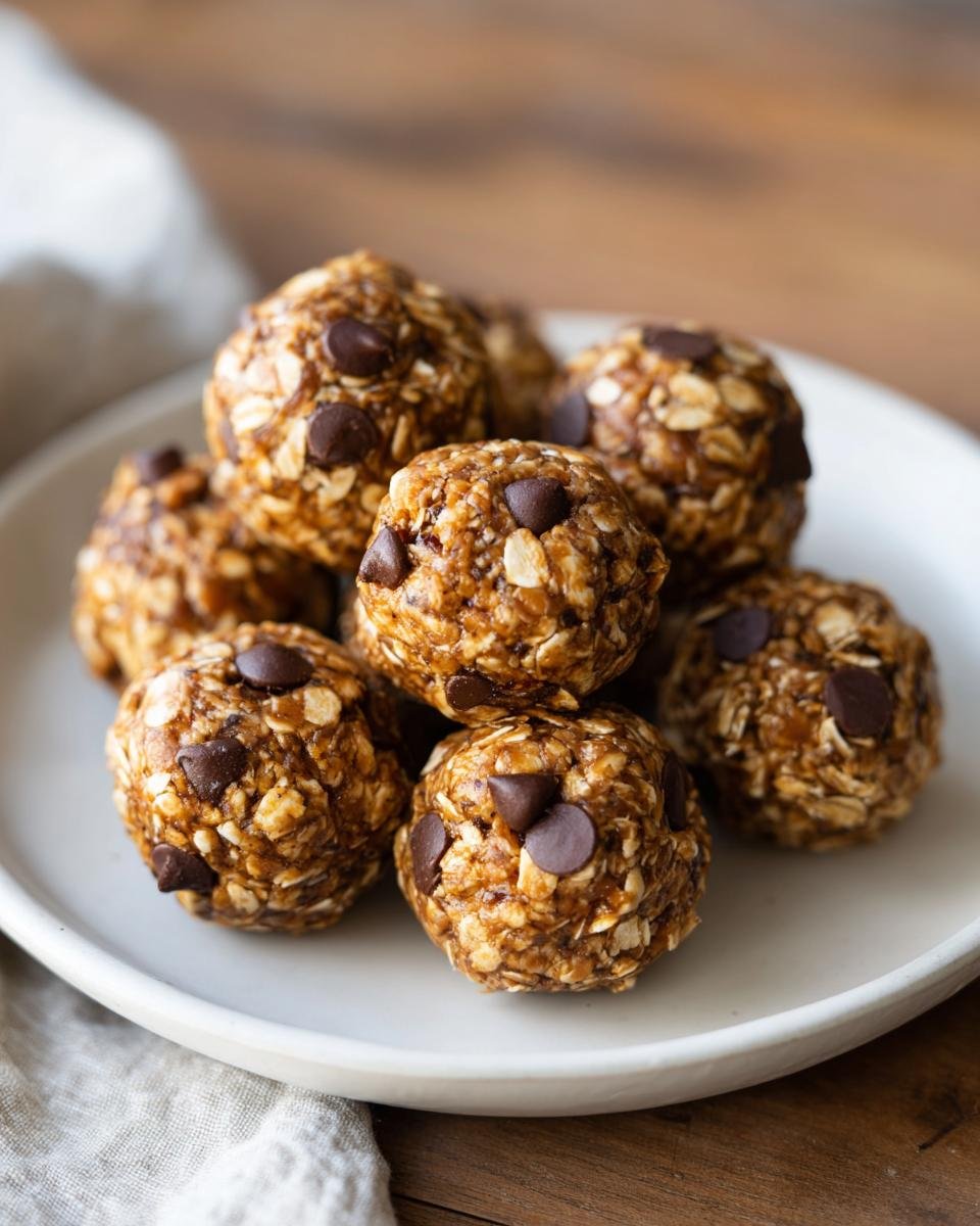Nahaufnahme von leckeren Erdnussbutter-Proteinbällchen mit Haferflocken und Schokostückchen auf einem Teller.