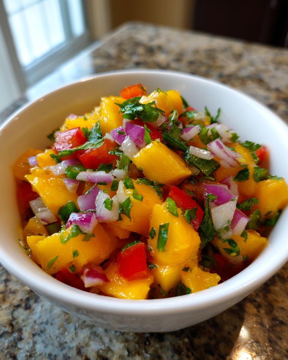 Nahaufnahme einer Sch&uuml;ssel mit erfrischender Fruchtsalsa, bestehend aus gew&uuml;rfelter Mango, roter Paprika, roter Zwiebel und Koriander.