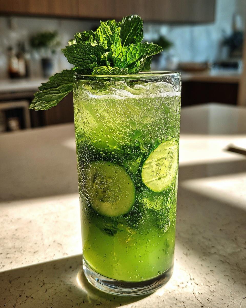 Ein Glas erfrischende Gurken-Minz-Limonade mit Gurkenscheiben und Minze, perfekt f&uuml;r den Sommer.