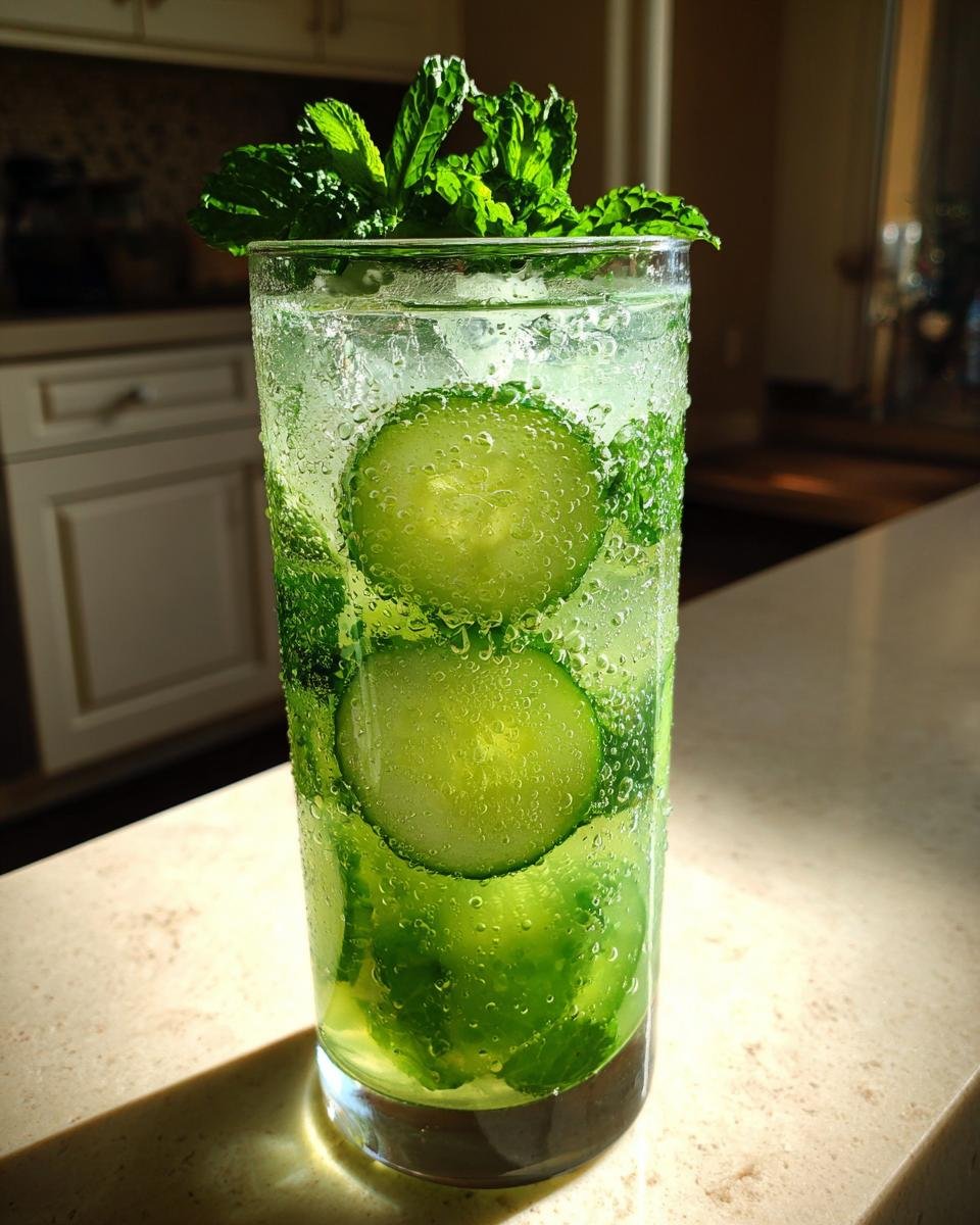 Ein Glas erfrischende Gurken-Minz-Limonade mit Gurkenscheiben und Minzbl&auml;ttern, perfekt f&uuml;r den Sommer.