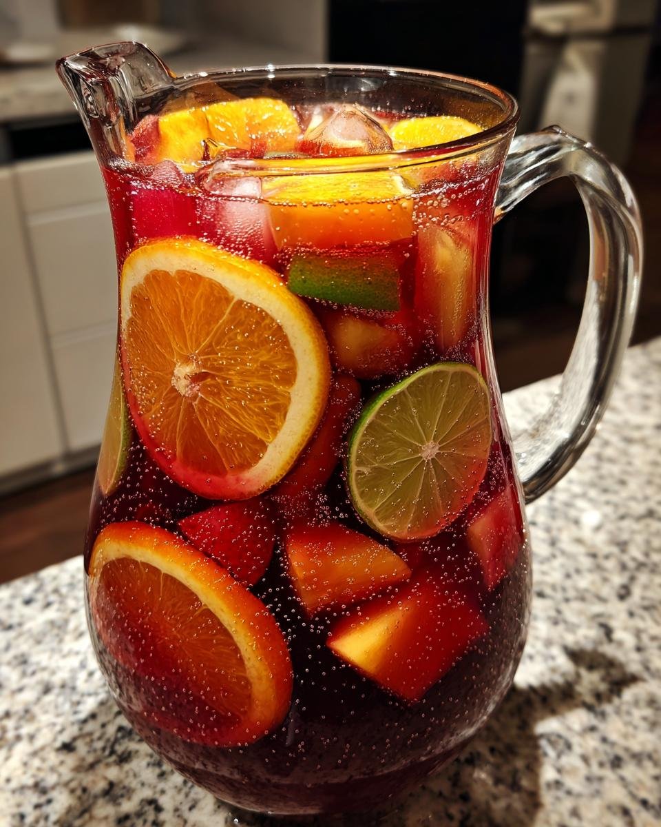 Eine Karaffe voller erfrischender Star Spangled Sangria mit Orangen-, Limetten- und Erdbeerst&uuml;cken sowie Eisw&uuml;rfeln.