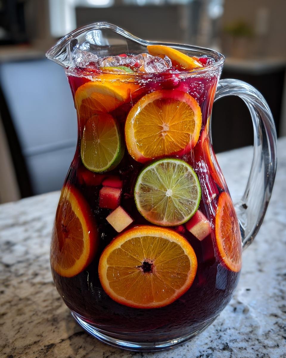 Eine Karaffe voller erfrischender Star Spangled Sangria mit Orangen-, Limetten- und Apfelscheiben, garniert mit Minze und Granatapfelkernen.