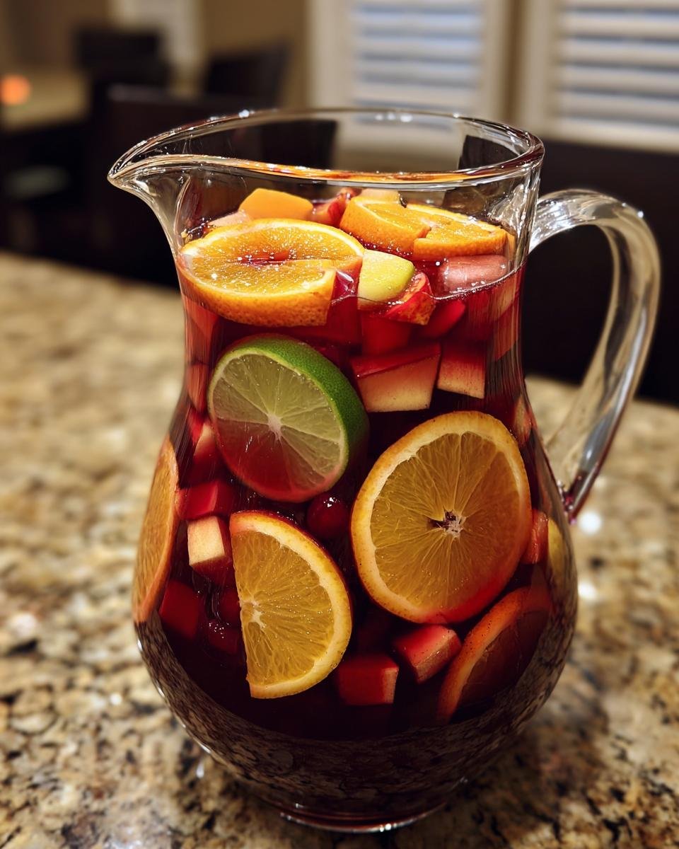 Ein Glas Krug mit erfrischender Star Spangled Sangria, gef&uuml;llt mit Fr&uuml;chten wie Orangen, Limetten und &Auml;pfeln.