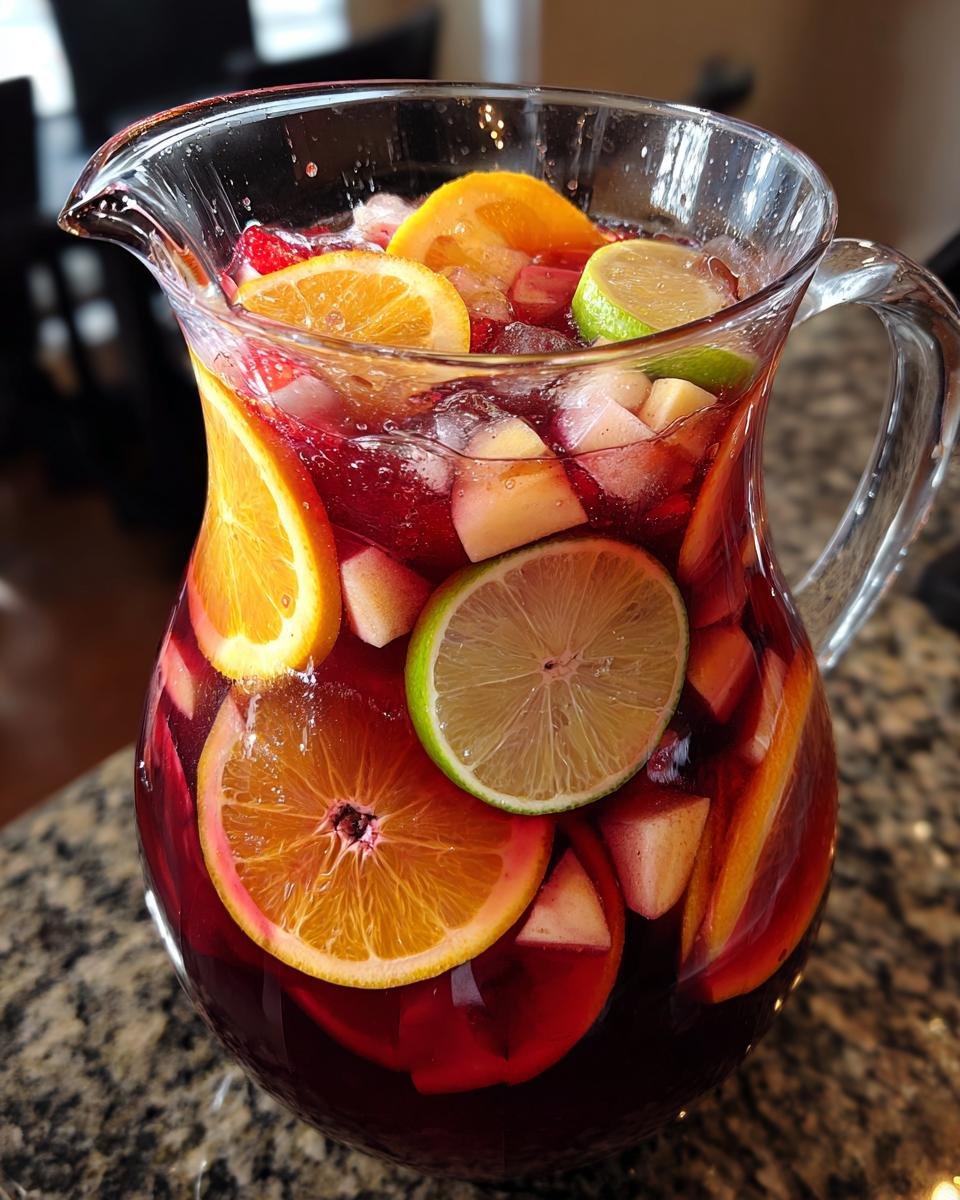 Ein gro&szlig;er Glaskrug gef&uuml;llt mit erfrischender Star Spangled Sangria, garniert mit Orangen-, Limetten- und Apfelscheiben sowie Eis.