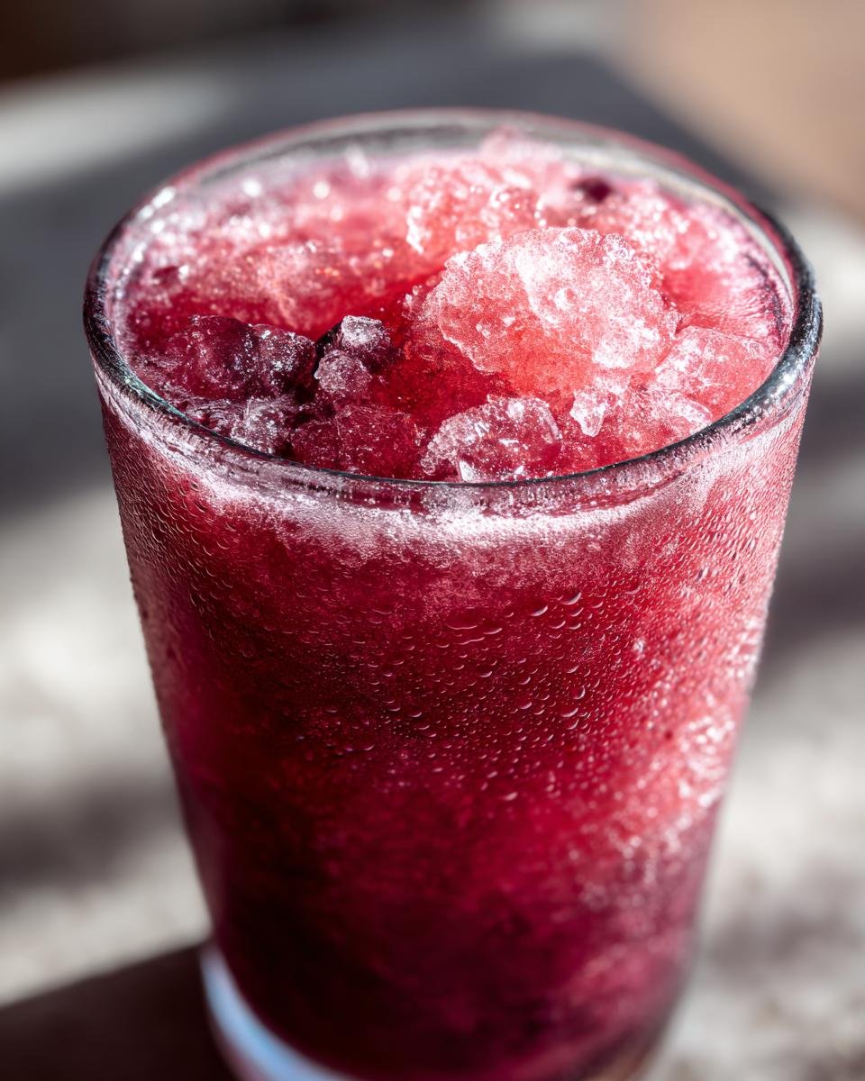Nahaufnahme eines erfrischenden Beeren-Slush mit zersto&szlig;enem Eis in einem Glas, perfekt f&uuml;r den Sommer.