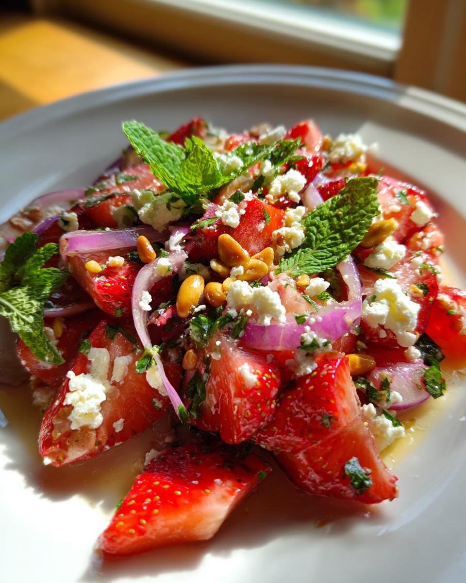 Nahaufnahme eines erfrischenden Erdbeer-Feta-Salats mit roten Zwiebeln, Pinienkernen und Minze.