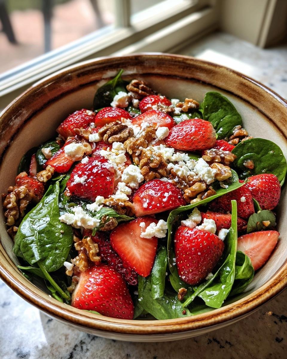 Nahaufnahme eines Schüssel mit erfrischendem Erdbeer-Spinat-Salat, garniert mit Walnüssen und Feta.