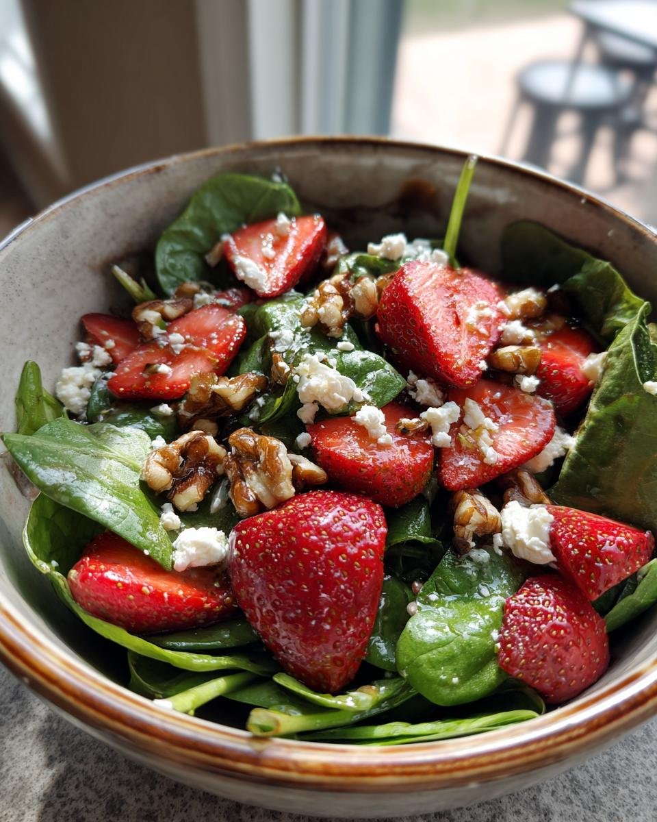 Nahaufnahme eines erfrischenden Erdbeer-Spinat-Salats mit zerbröckeltem Käse und Walnüssen in einer Schüssel.