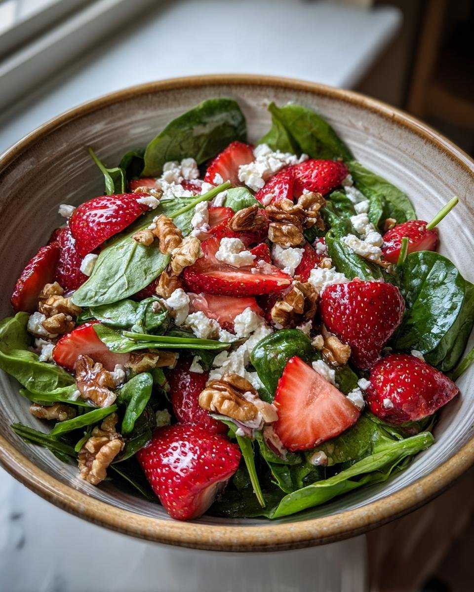 Nahaufnahme eines erfrischenden Erdbeer-Spinat-Salats mit zerbröckeltem Käse und Walnüssen in einer Schüssel.