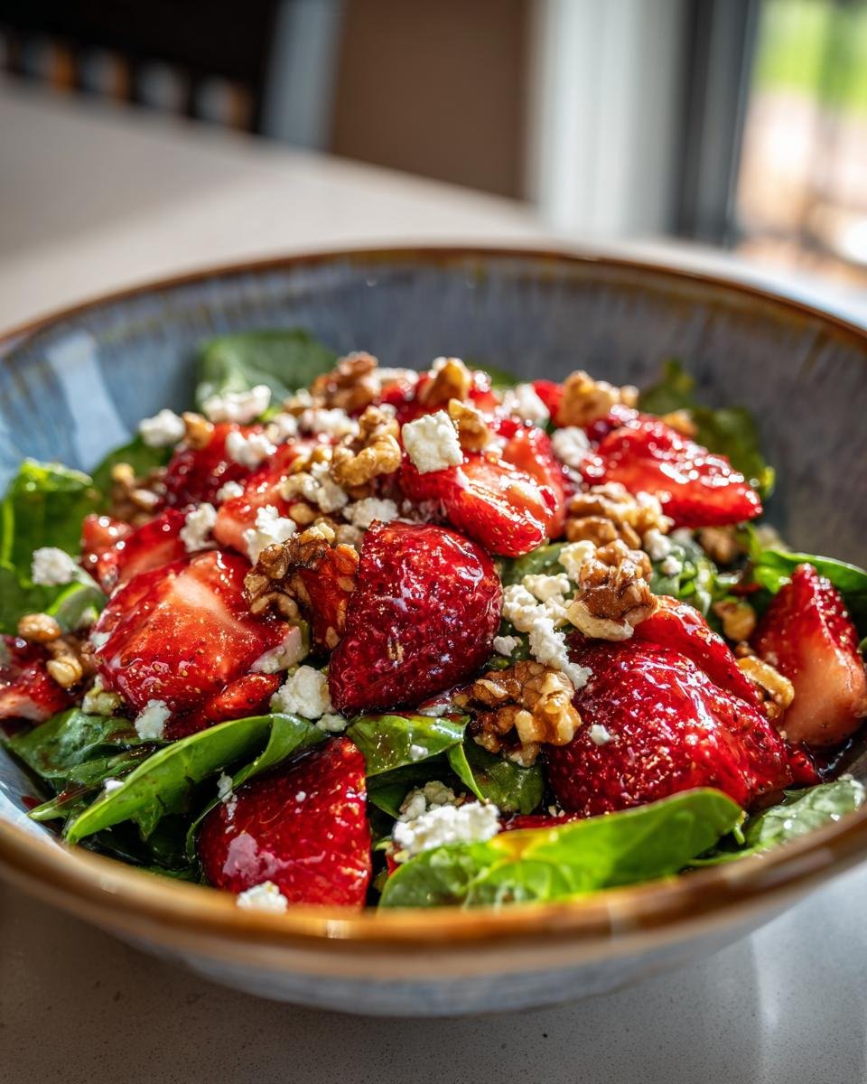 Nahaufnahme eines erfrischenden Erdbeer-Spinat-Salats mit zerbröckeltem Käse und Walnüssen in einer blauen Schüssel.