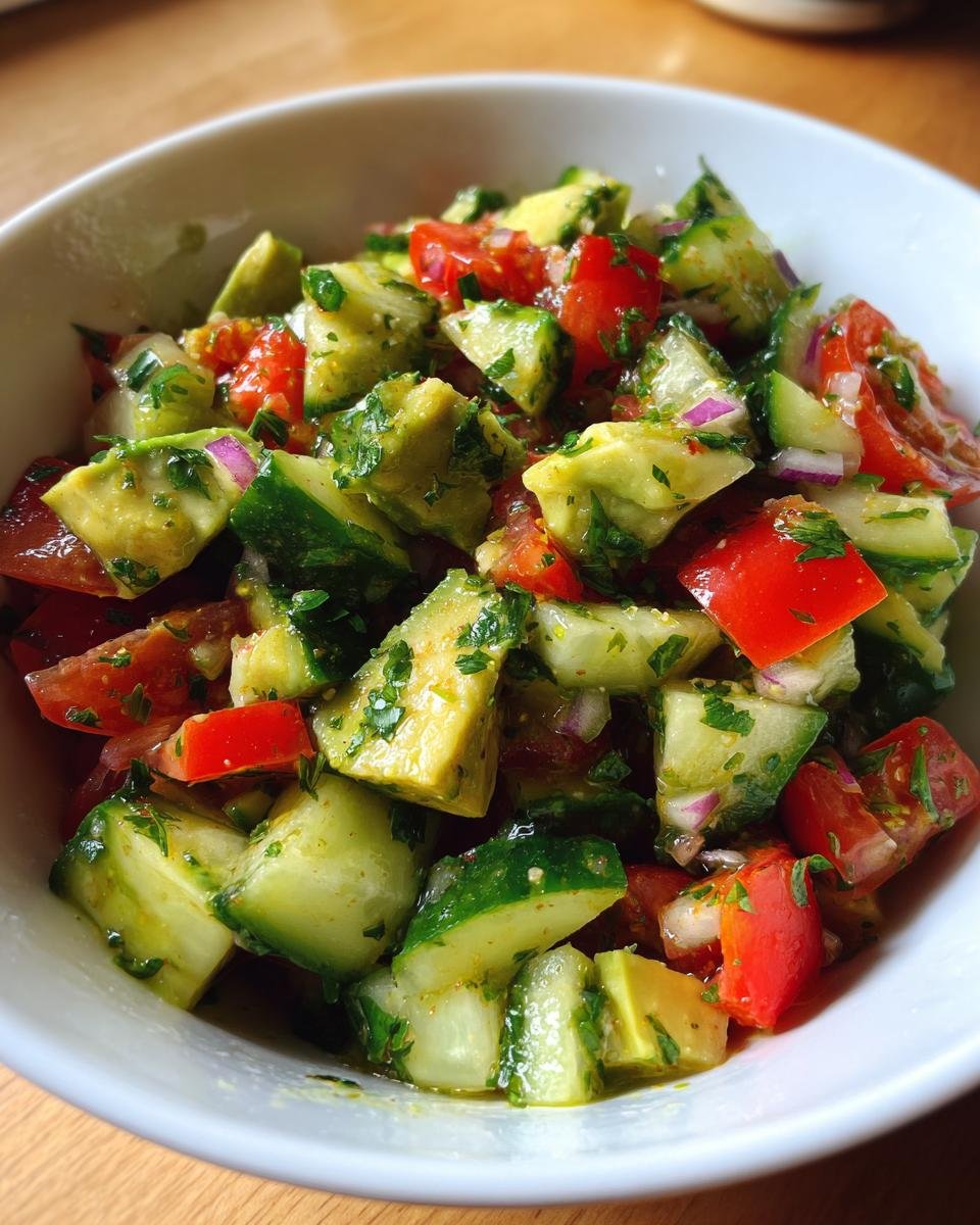 Nahaufnahme eines Sch&uuml;ssel mit einem erfrischenden Gurken-Tomaten-Avocado-Salat, garniert mit Petersilie.