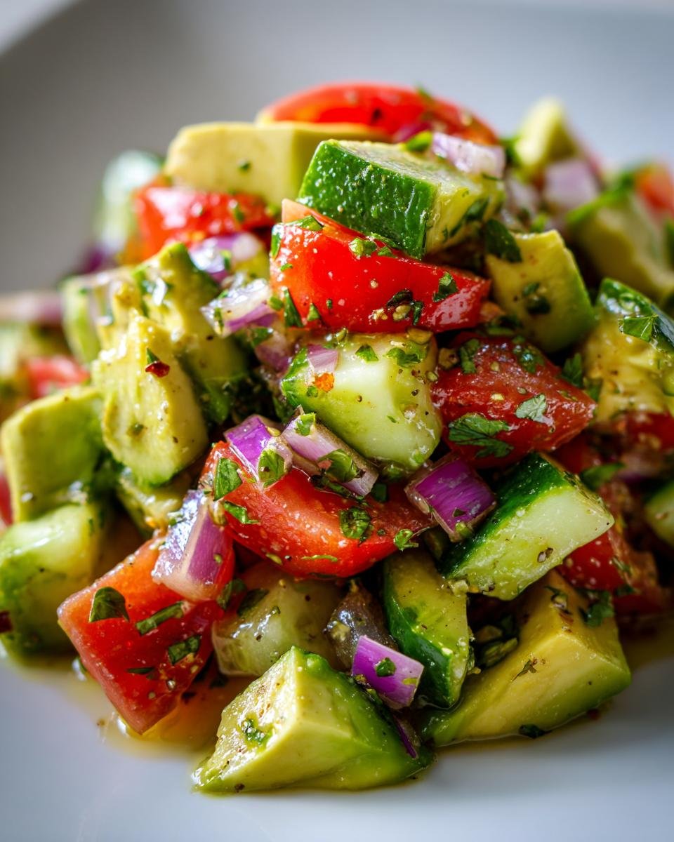 Nahaufnahme eines erfrischenden Gurken-Tomaten-Avocado-Salats mit roten Zwiebeln und Kr&auml;utern.