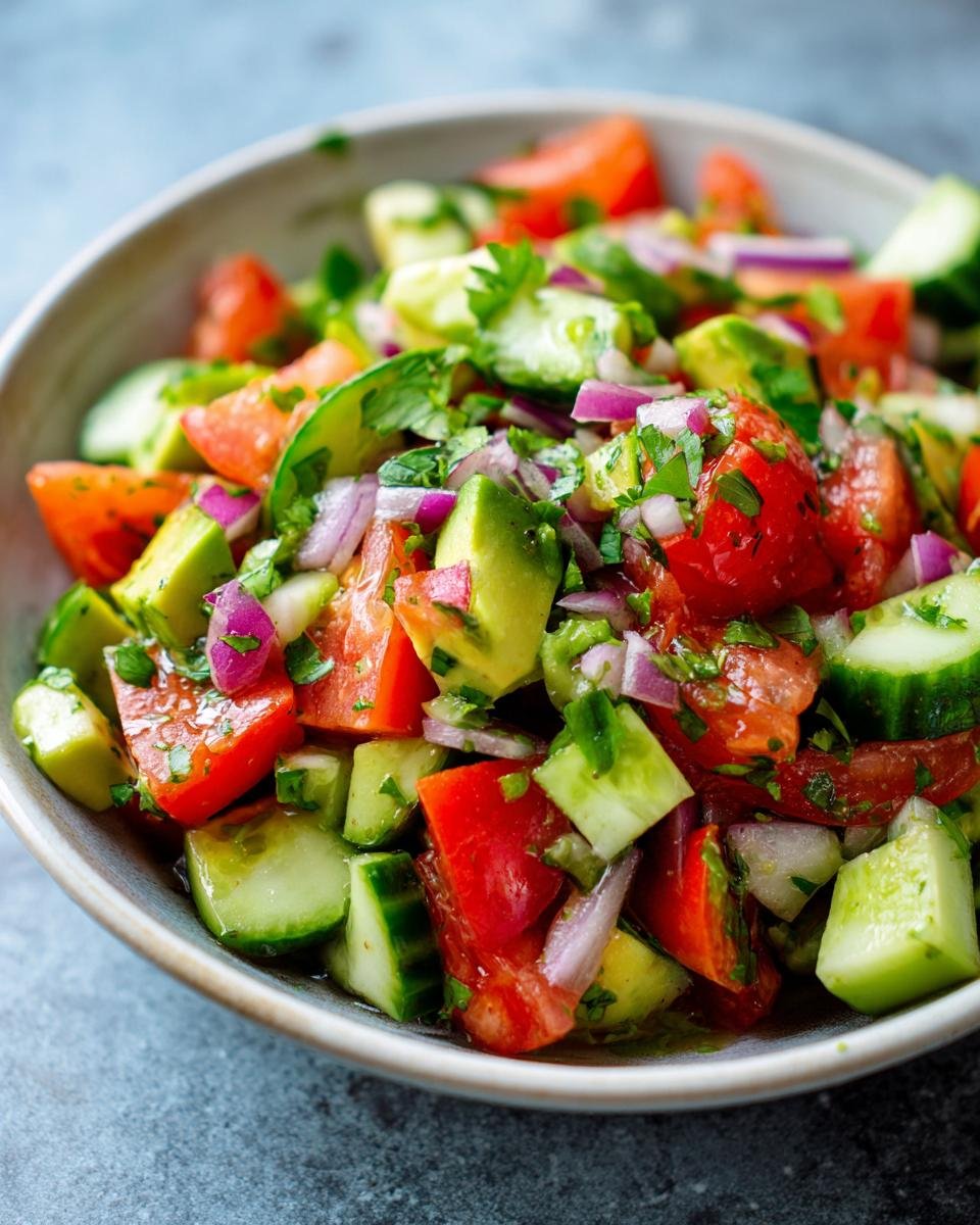Nahaufnahme eines erfrischenden Gurken-Tomaten-Avocado-Salats mit roten Zwiebeln und Petersilie in einer Sch&uuml;ssel.