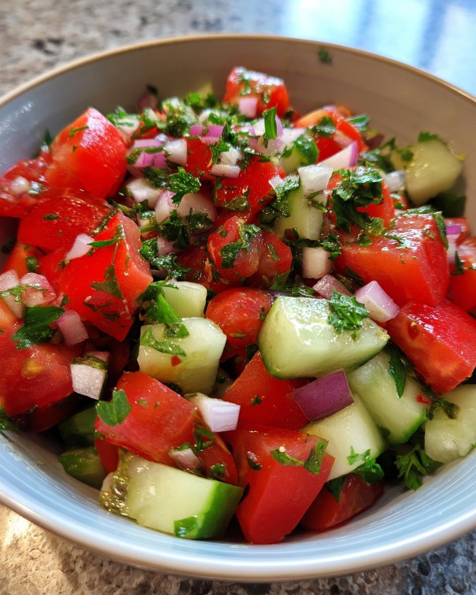 Nahaufnahme eines Sch&uuml;ssel mit einem erfrischenden Gurken-Tomaten-Salat, garniert mit roten Zwiebeln und Petersilie.