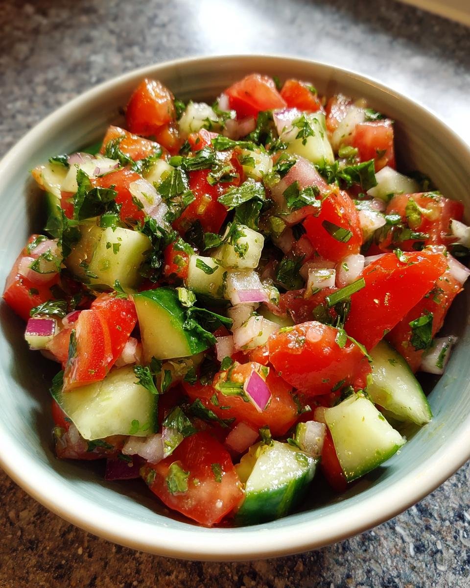 Nahaufnahme eines Sch&uuml;ssel mit frischem Gurken-Tomaten-Salat, garniert mit Petersilie.