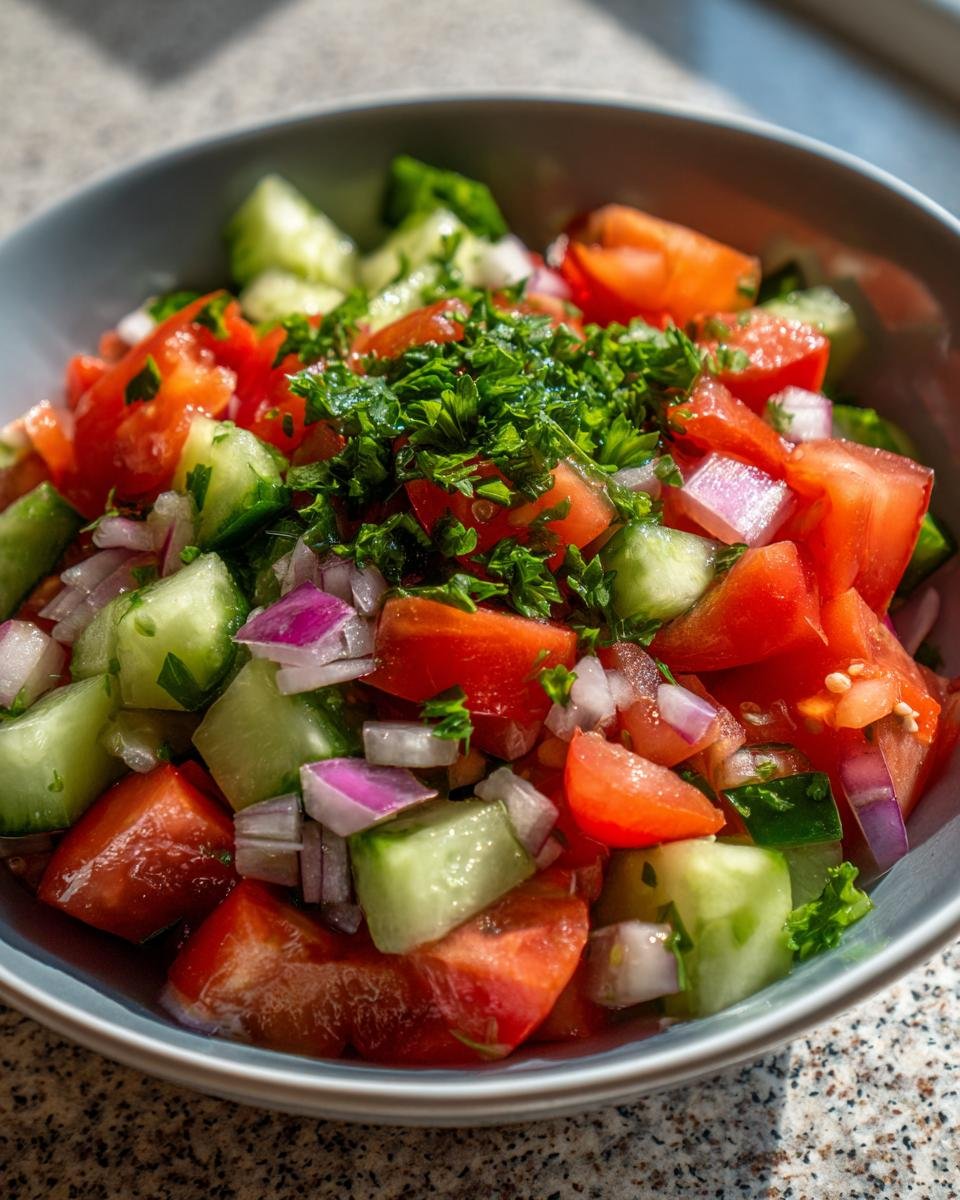 Nahaufnahme eines Sch&uuml;ssel mit einem erfrischenden Gurken-Tomaten-Salat, garniert mit Petersilie.