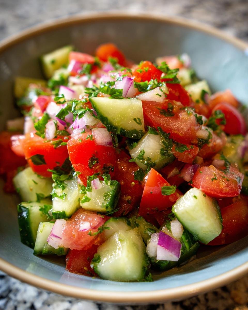 Nahaufnahme eines Sch&uuml;ssel mit erfrischendem Gurken-Tomaten-Salat, garniert mit Petersilie.