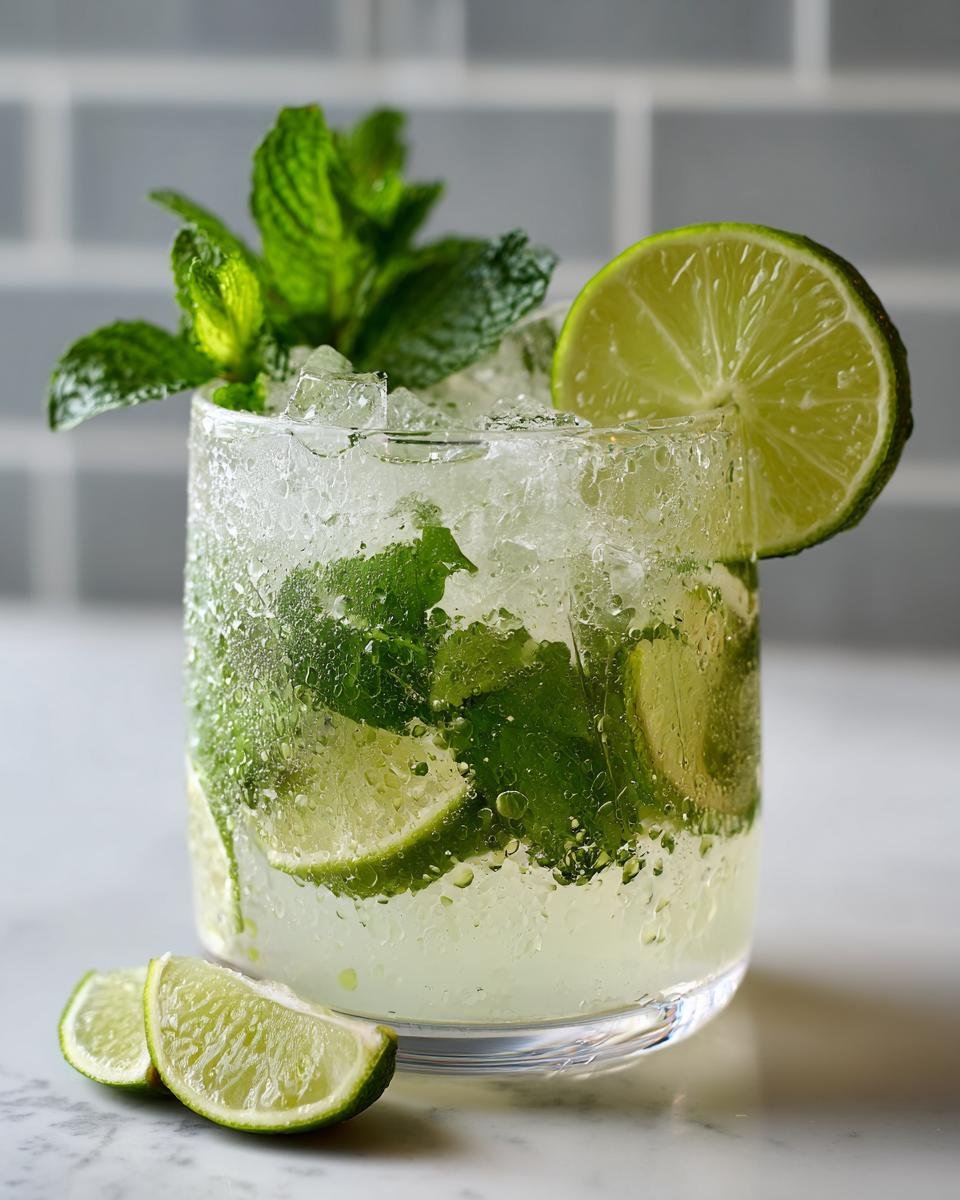 Nahaufnahme eines erfrischenden Kokos-Mojitos mit Limettenscheiben, Minze und zersto&szlig;enem Eis.