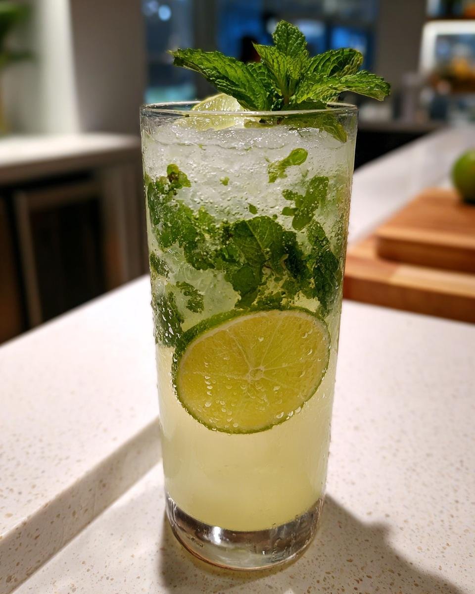 Ein Glas mit einem erfrischenden Kokos-Mojito, garniert mit Limettenscheiben und frischer Minze.