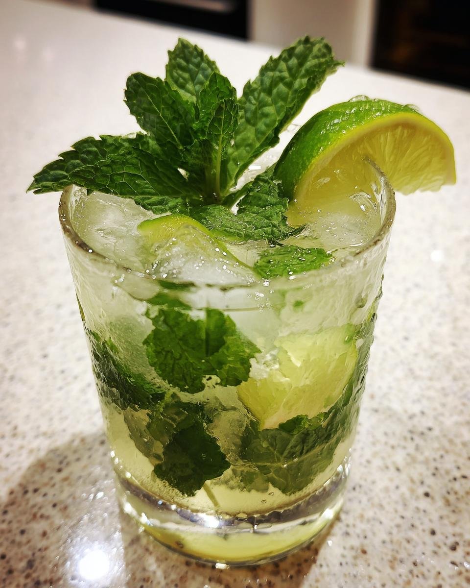 Ein Glas erfrischender Kokos-Mojito mit Eis, Minze und Limettenscheiben, perfekt f&uuml;r tropische Tage.