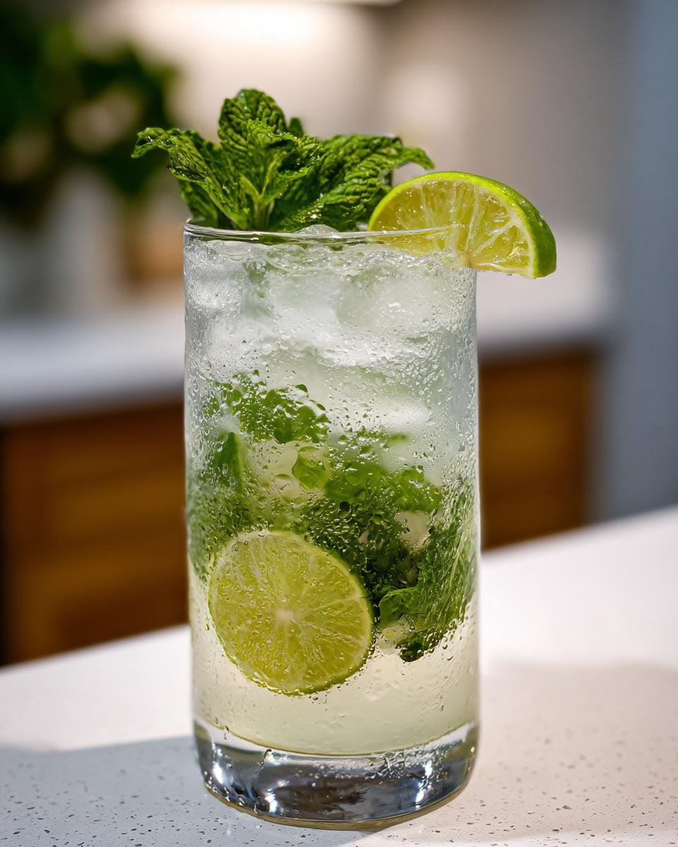 Ein erfrischender Kokos-Mojito mit Limettenscheiben, Minze und Eisw&uuml;rfeln in einem Glas.