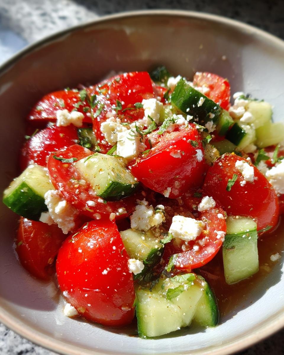 Nahaufnahme eines erfrischenden Tomaten Feta Gurkensalats mit frischen Kr&auml;utern.