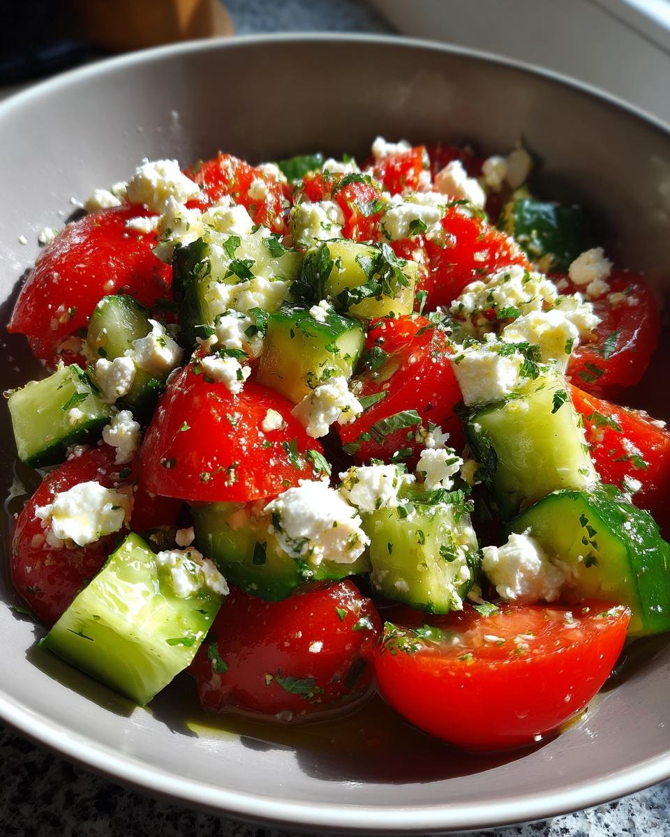 Nahaufnahme eines erfrischenden Tomaten Feta Gurkensalats, garniert mit Petersilie.