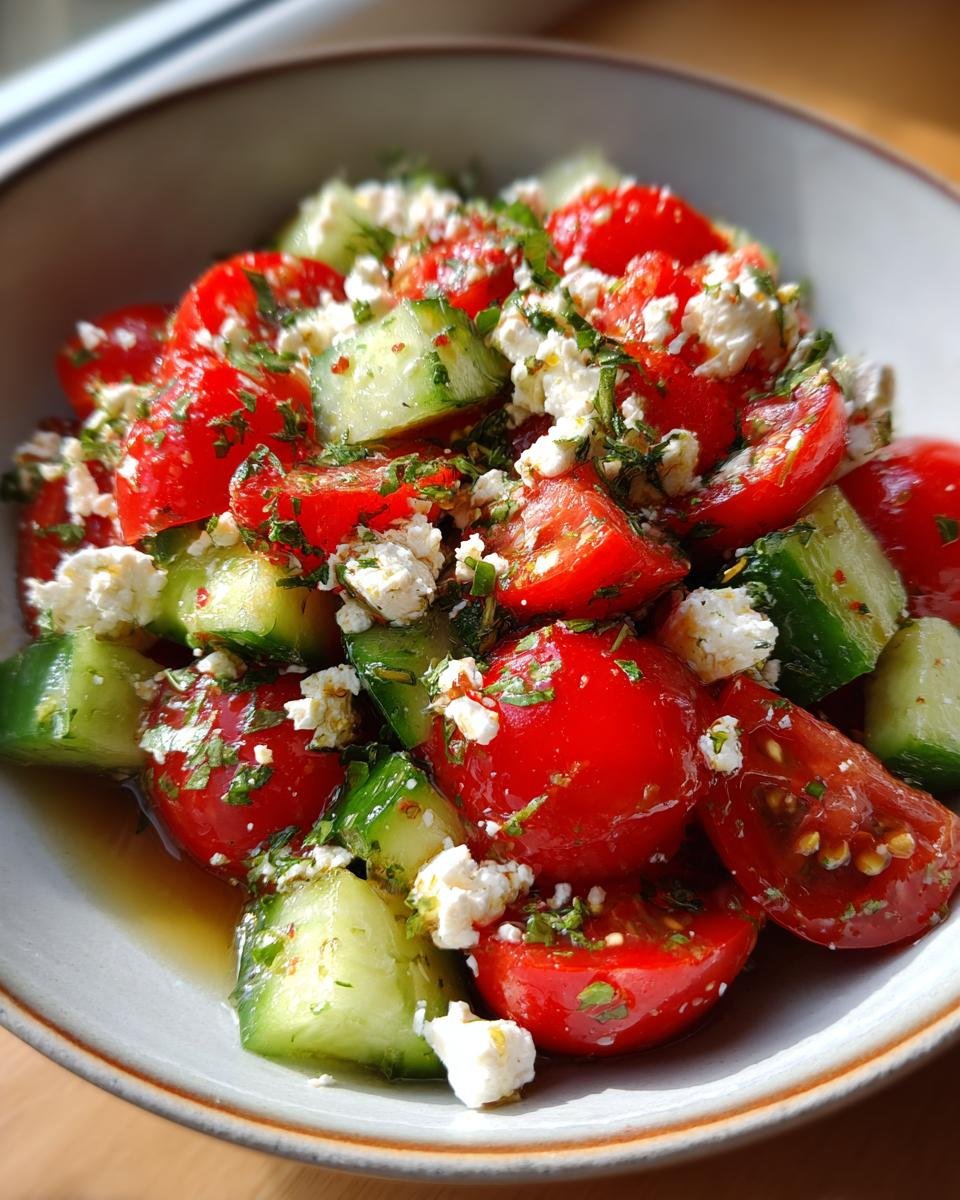 Nahaufnahme eines erfrischenden Tomaten Feta Gurkensalats mit frischen Kr&auml;utern.