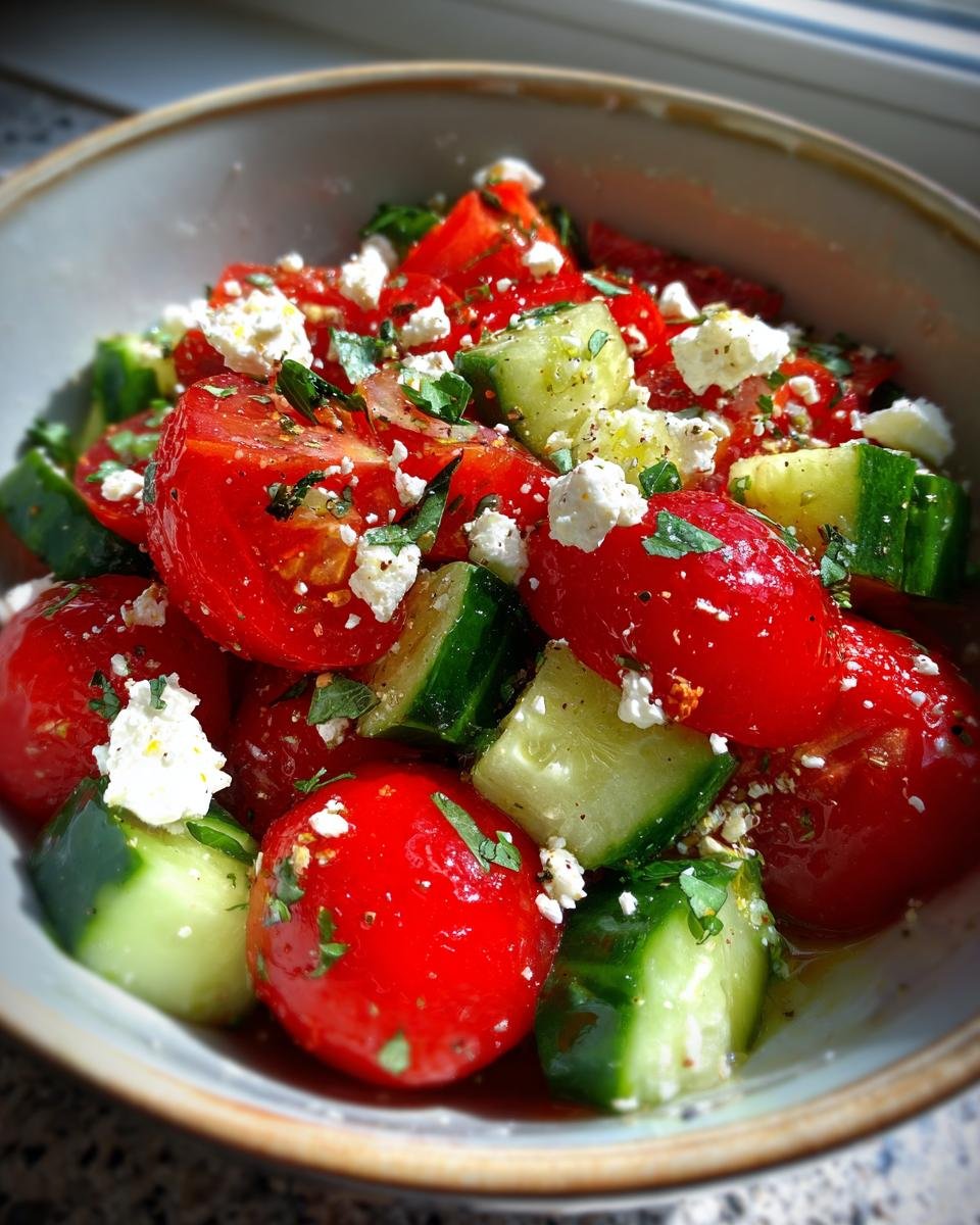 Nahaufnahme eines erfrischenden Tomaten Feta Gurkensalats mit frischen Kr&auml;utern und Oliven&ouml;l.