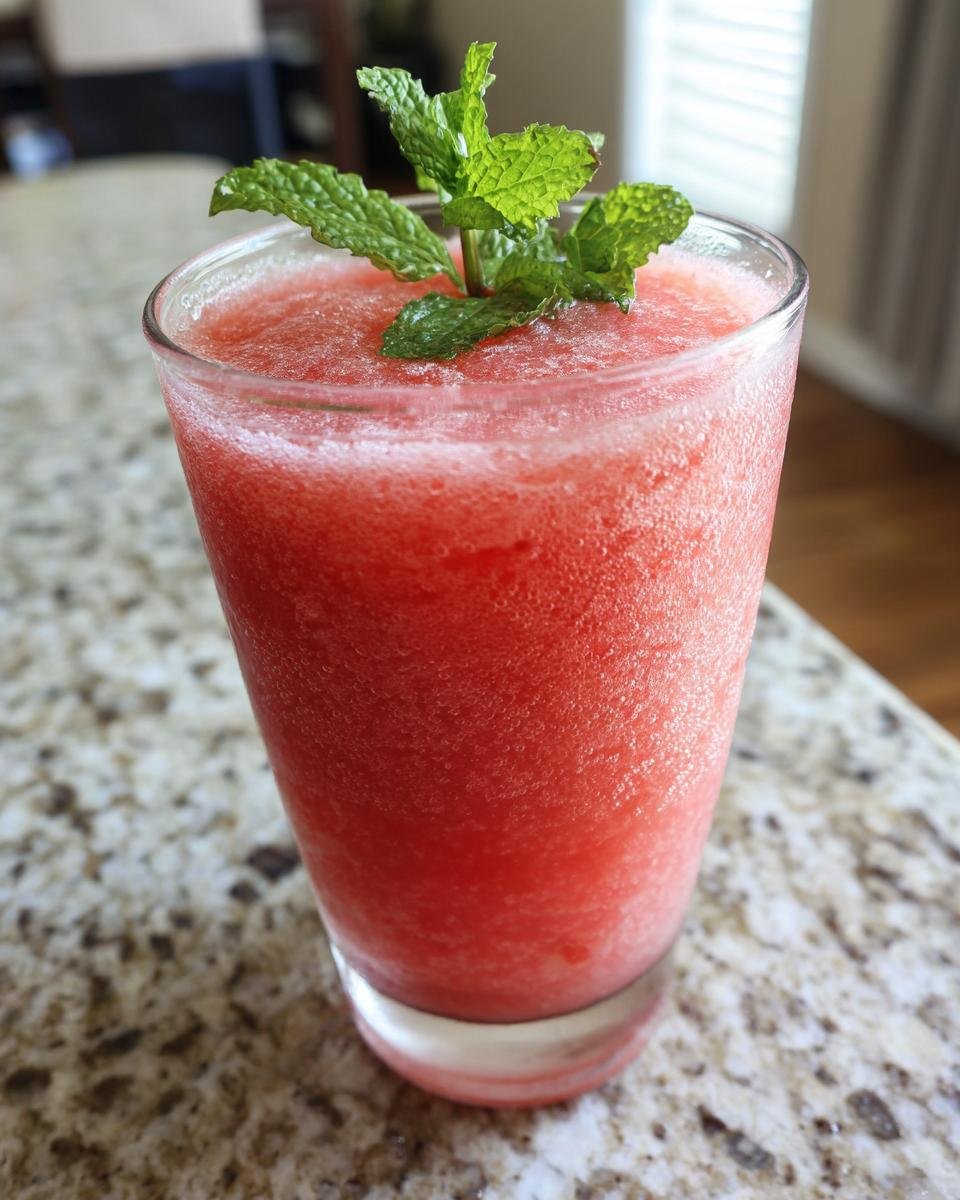 Ein Glas erfrischender Wassermelonen-Slushie mit Minze garniert, perfekt f&uuml;r den Sommer.