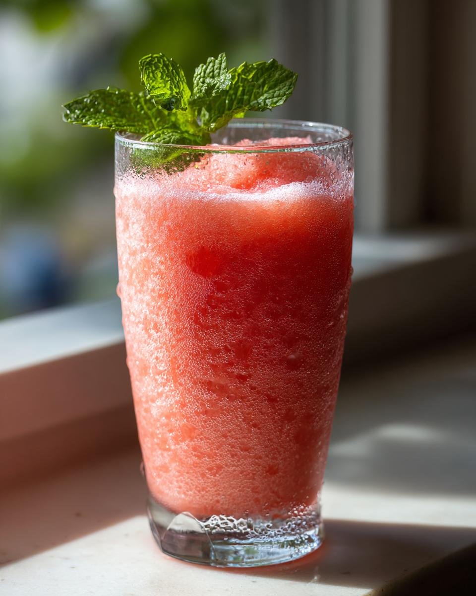 Ein Glas erfrischender Wassermelonen-Slushie mit Minze garniert, perfekt f&uuml;r hei&szlig;e Sommertage.