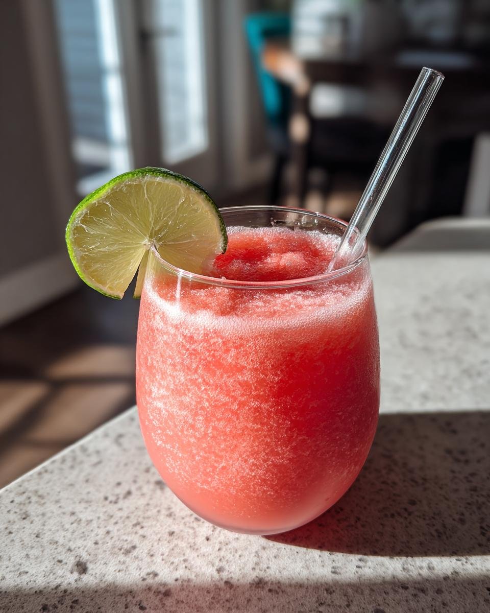 Ein Glas mit einem erfrischenden Wassermelonen-Slushie, garniert mit einer Limettenscheibe und einem Glasstrohhalm.