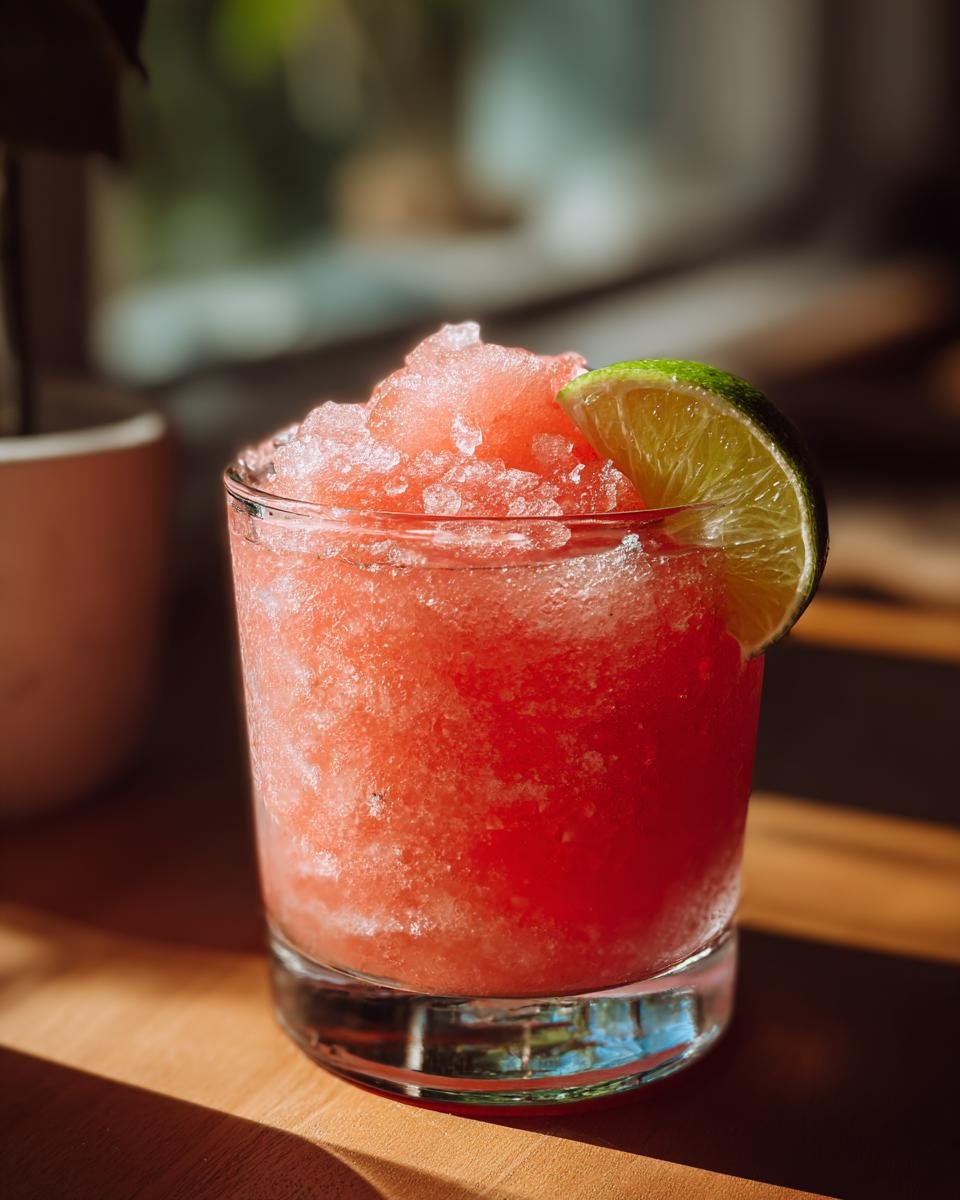 Ein Glas erfrischendes Wassermelonen-Slushie mit Limettenspalte, perfekt f&uuml;r hei&szlig;e Sommertage.