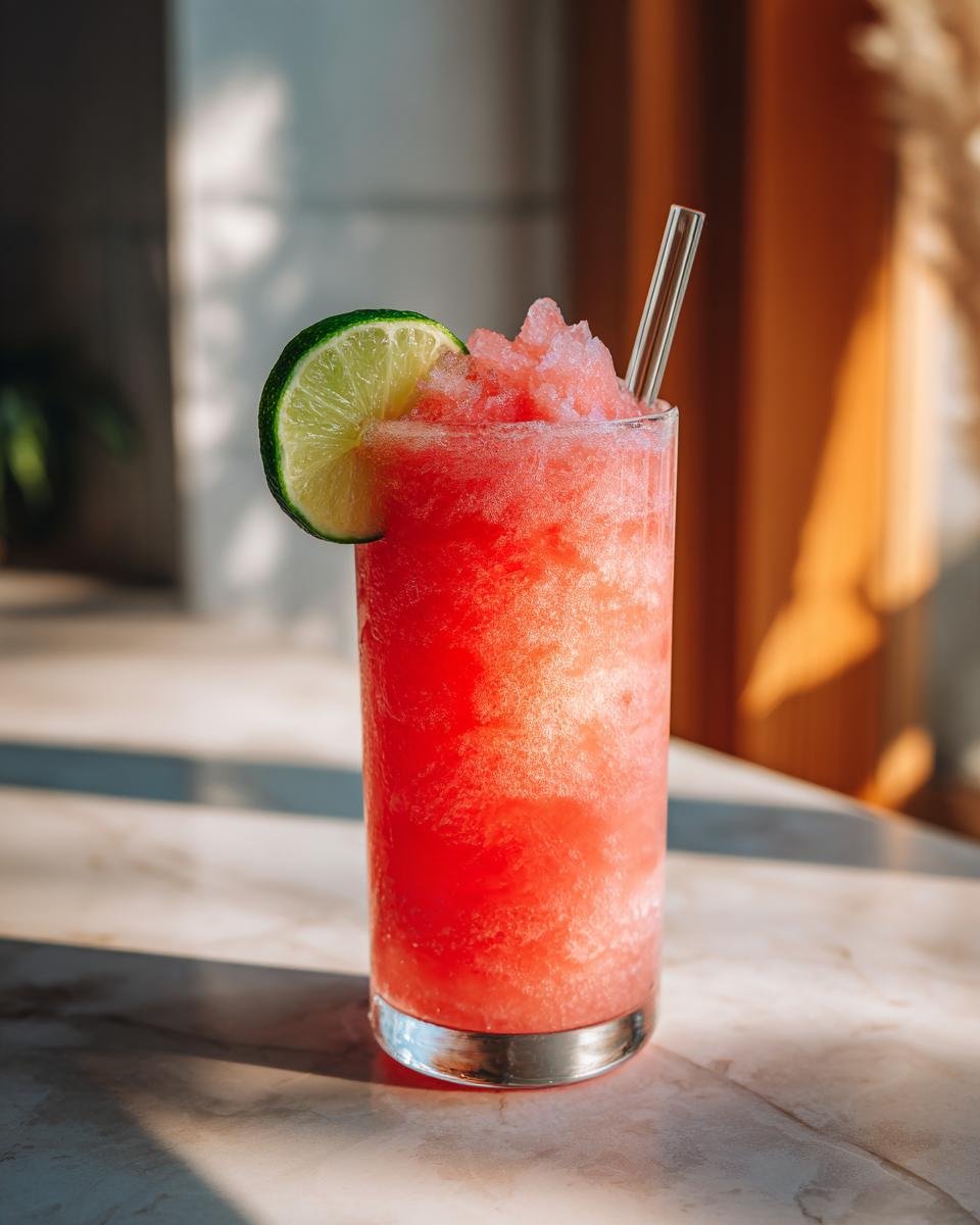Ein erfrischendes Wassermelonen-Slushie mit Limettenscheibe und Strohhalm, perfekt f&uuml;r hei&szlig;e Sommertage.