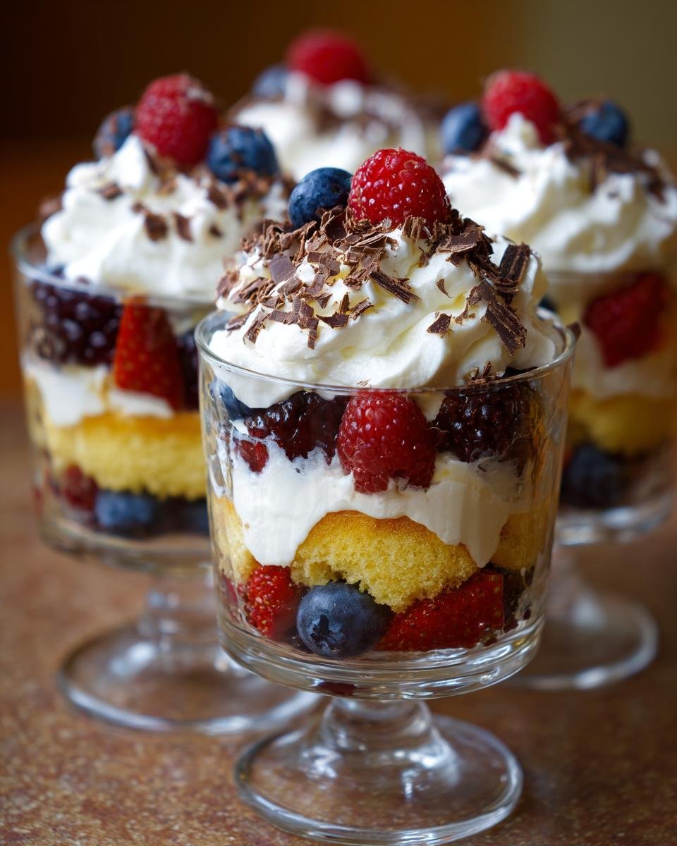 Nahaufnahme von unwiderstehlichen festlichen Beeren-Trifle-Bechern mit Sahne, Fr&uuml;chten und Schokoladenraspeln.