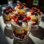 Nahaufnahme von unwiderstehlichen festlichen Beeren-Trifle-Bechern, garniert mit frischen Beeren und Schokoladenraspeln.