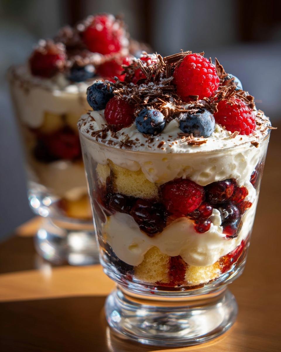 Nahaufnahme von festlichen Beeren-Trifle-Bechern mit Biskuit, Beeren und Sahne, garniert mit Schokostreuseln.