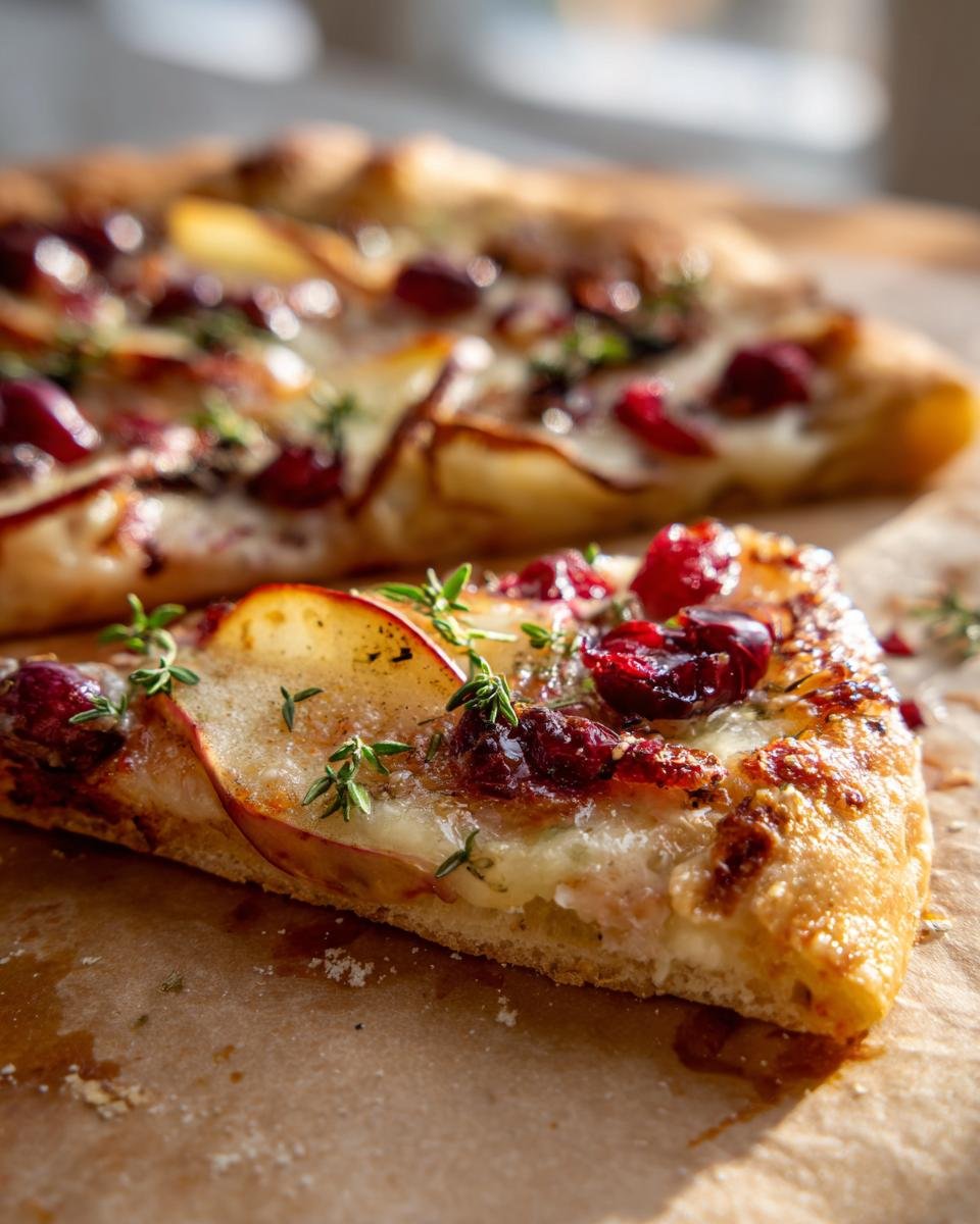 Nahaufnahme eines St&uuml;cks Flammkuchen mit Birne, Brie und Cranberry, garniert mit Thymian.