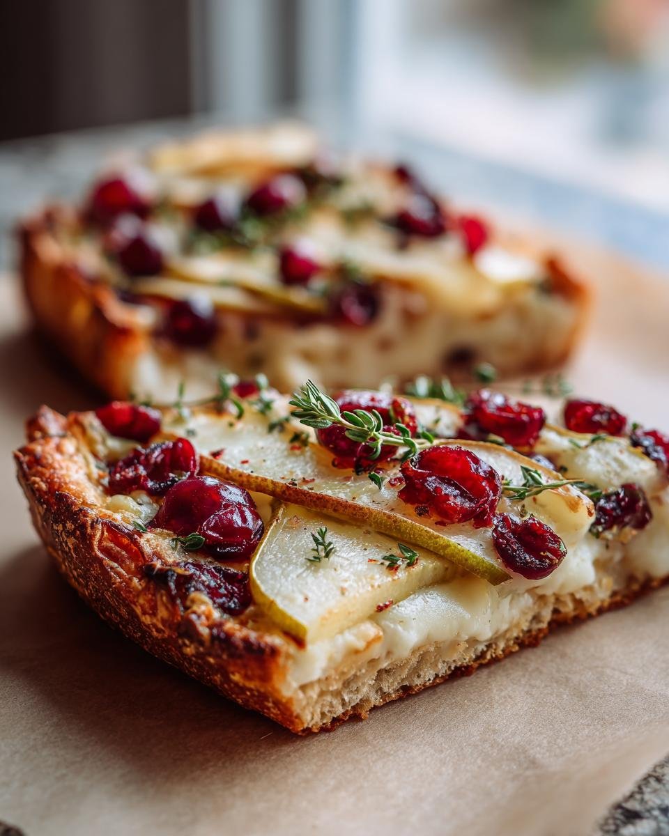 Nahaufnahme eines St&uuml;cks Flammkuchen mit Birne, Brie und Cranberry, garniert mit Thymian.