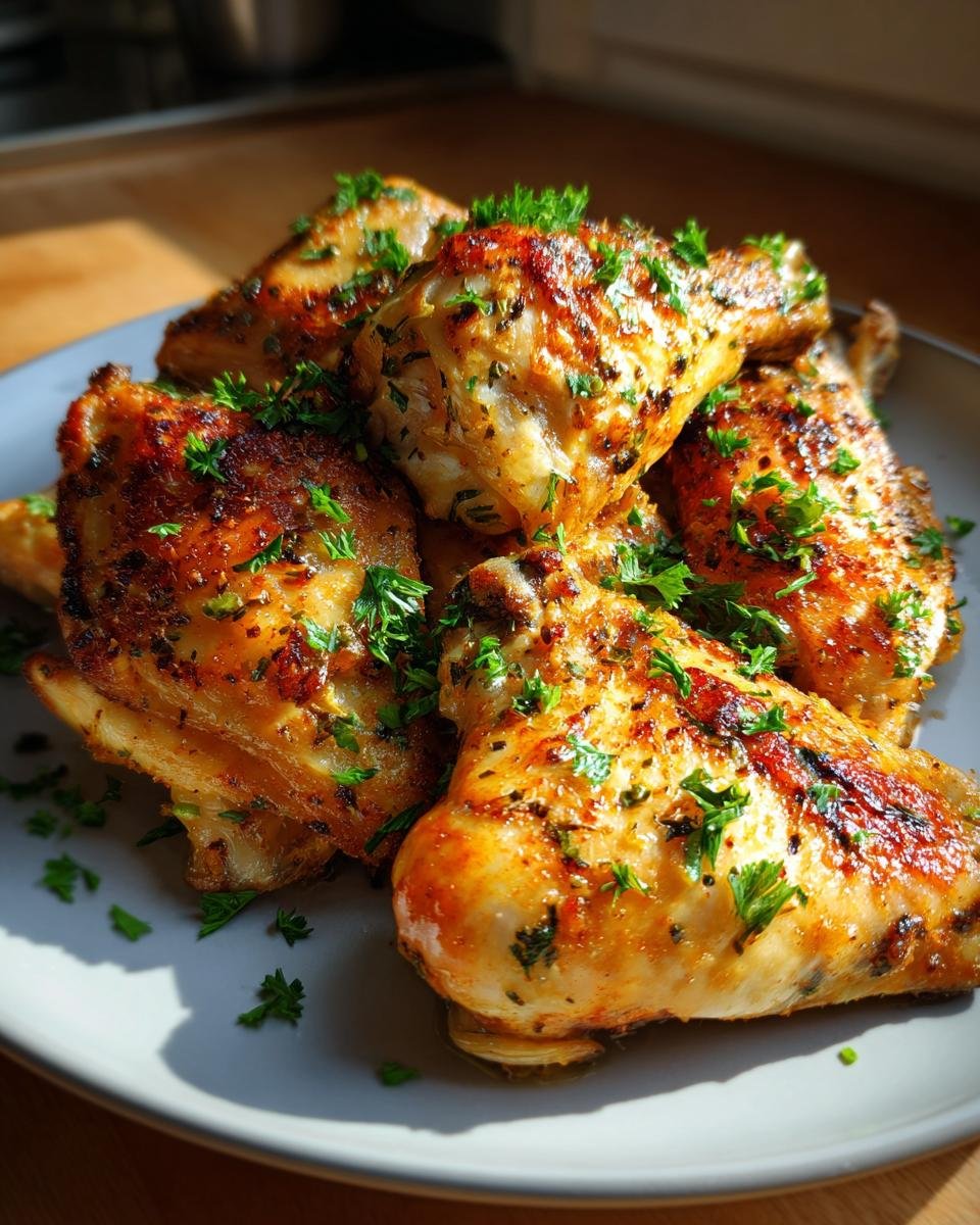 Ein Teller mit knusprig gebratenen Hähnchenteilen, garniert mit frischer Petersilie. Ein köstliches Hähnchengericht.
