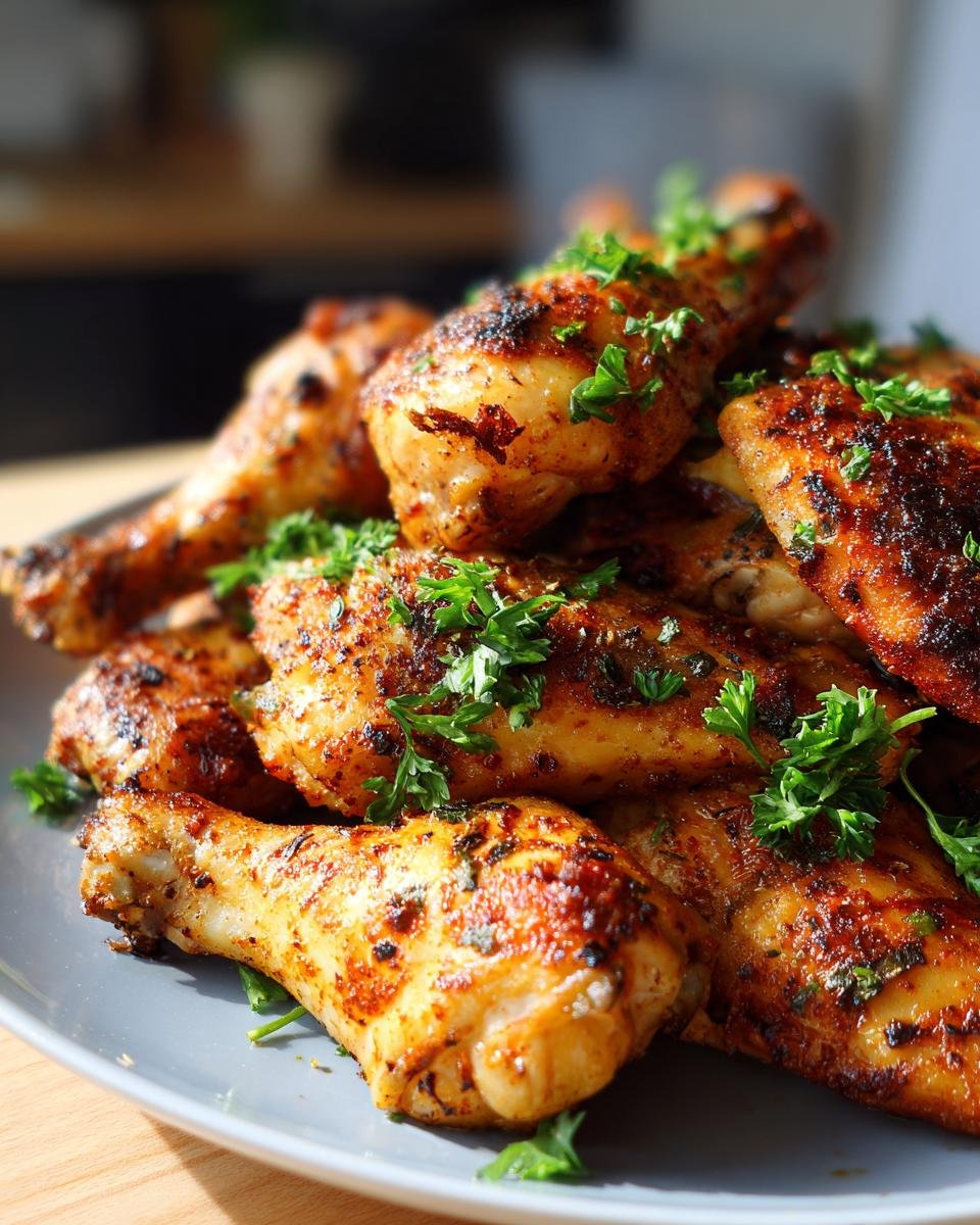 Nahaufnahme von würzigen, gerösteten Hähnchenschenkeln, garniert mit frischer Petersilie.