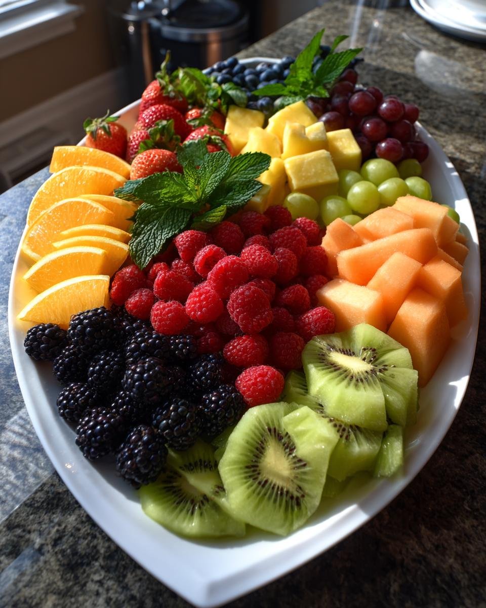 Eine bunte und frische Obstplatte mit Himbeeren, Brombeeren, Kiwi, Orangen, Erdbeeren, Blaubeeren, Trauben, Ananas und Melone.