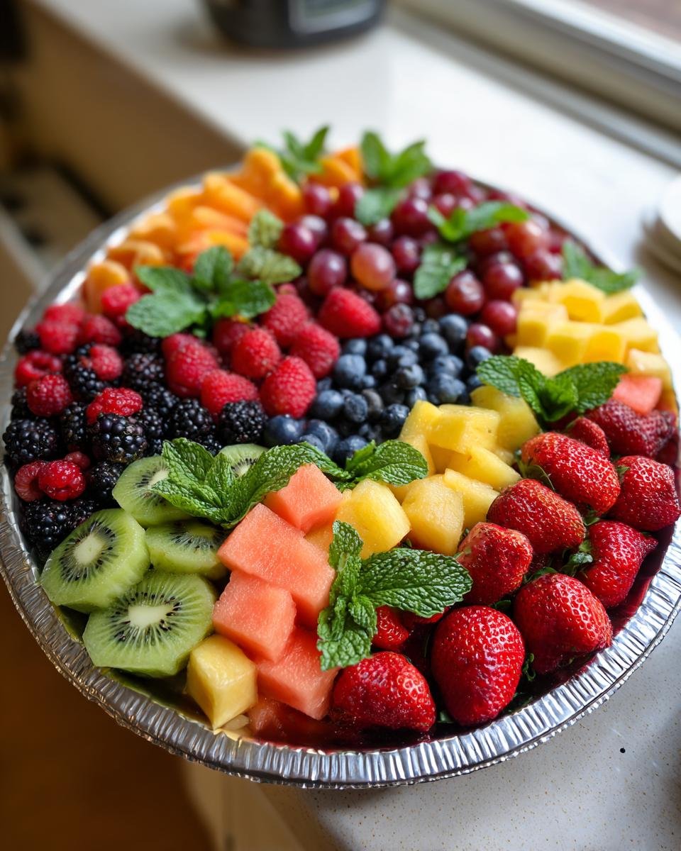 Eine bunte Obstplatte mit frischen Früchten wie Erdbeeren, Blaubeeren, Himbeeren, Kiwis und Ananas, garniert mit Minze.