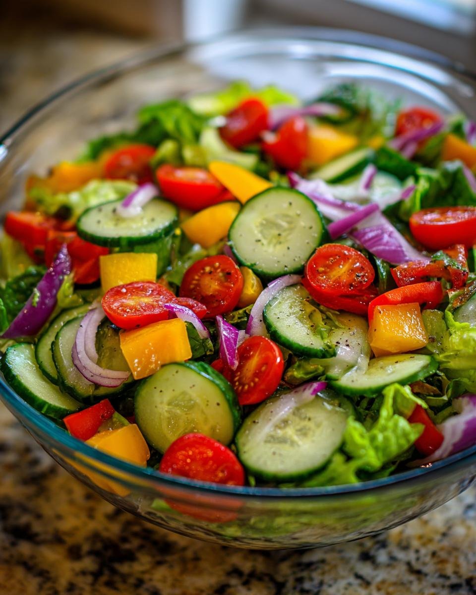 Nahaufnahme eines Sch&uuml;ssel mit frischem und knackigem Gartensalat-Mix mit Tomaten, Gurken, Paprika und Zwiebeln.