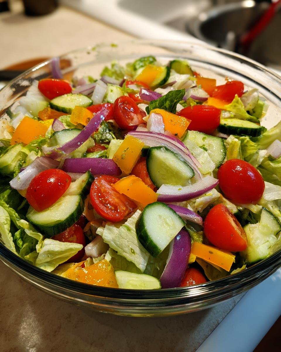 Nahaufnahme eines Sch&uuml;ssel mit frischem und knackigem Gartensalat-Mix, mit Tomaten, Gurken, Paprika und Zwiebeln.